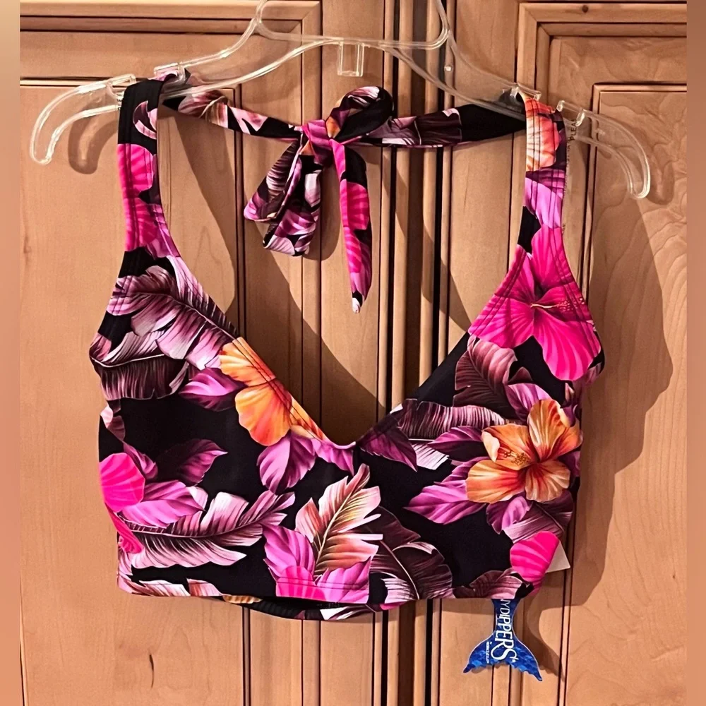 NWT SkinnyDippers Floral Mowie Plunge Halter Swim Top